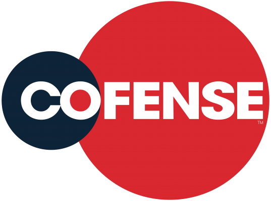 Cofense logo with white writing and navy blue and red circles