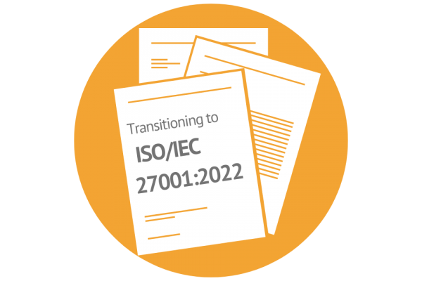Image showing documents in a circle - Title is: transitioning to ISO27001:2022
