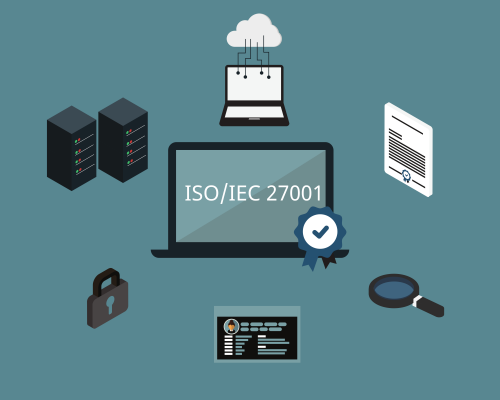 ISO 27001 Graphic with laptop and cyber icons
