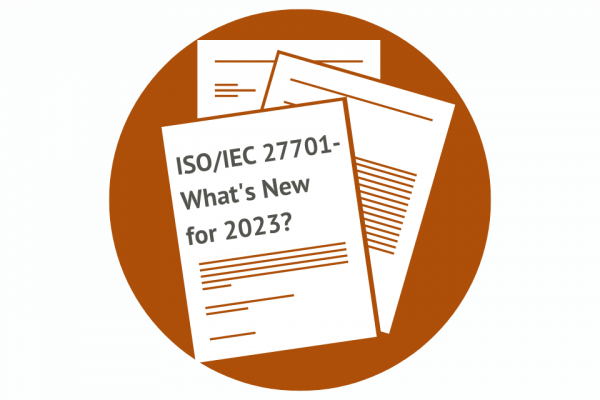 ISO27701 - What's New in 2023 image with documents and heading